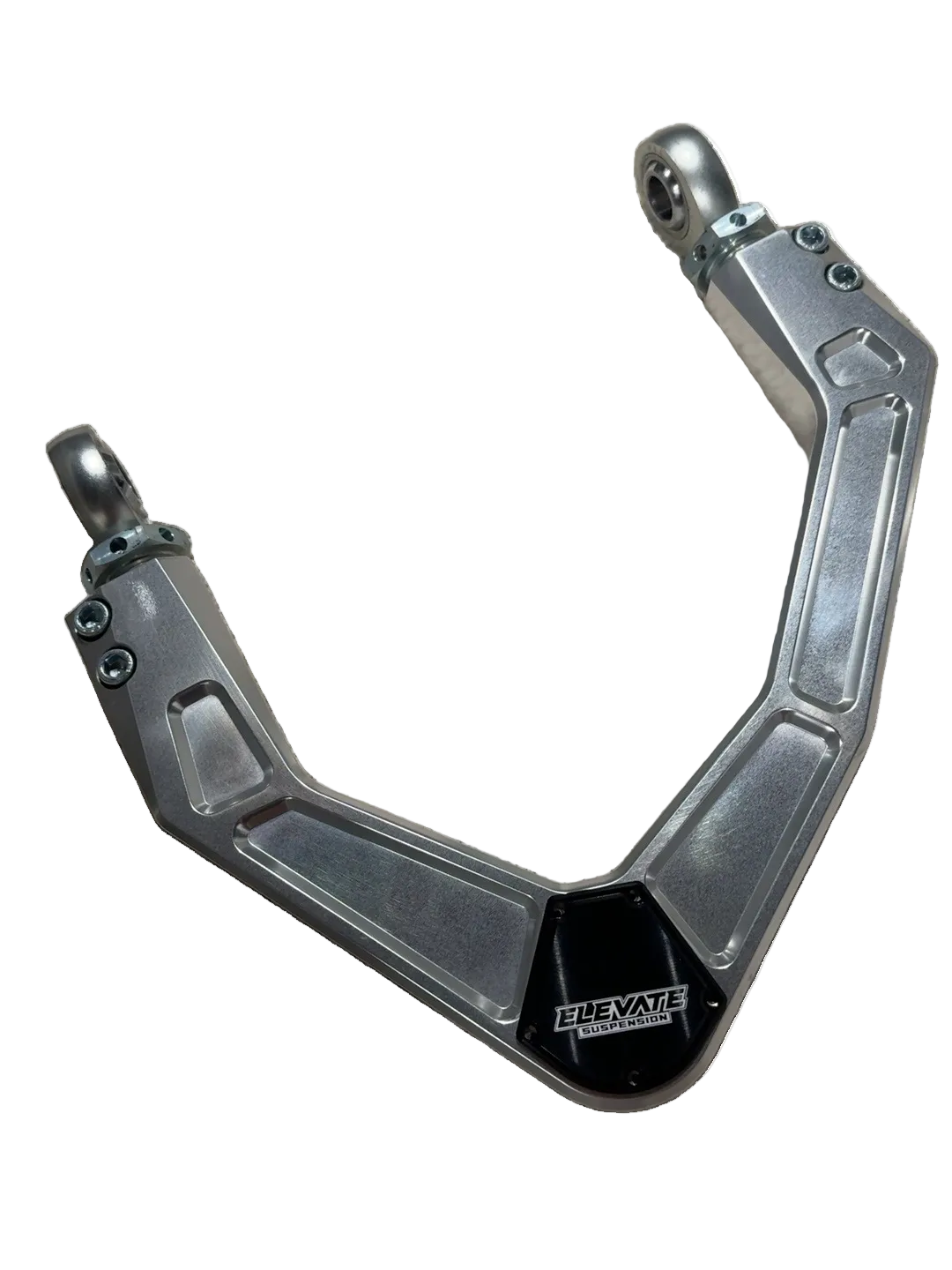 Elevate raw clear-coated billet uniball upper control arm, angled view