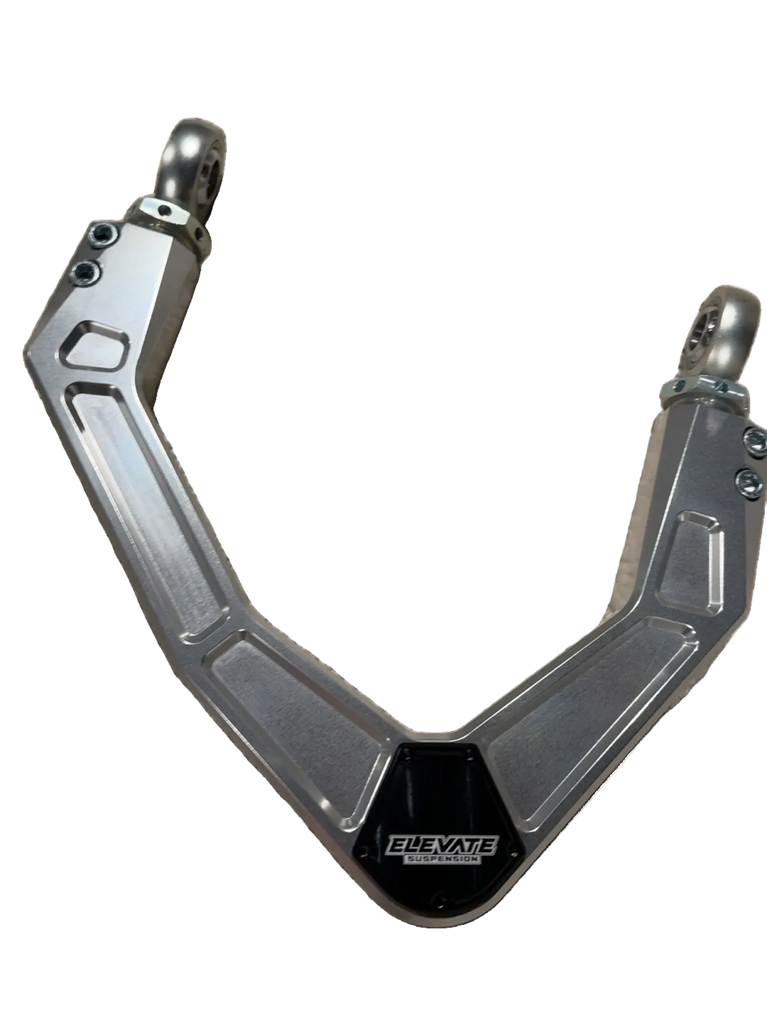 Elevate raw clear-coated billet uniball upper control arm, front view