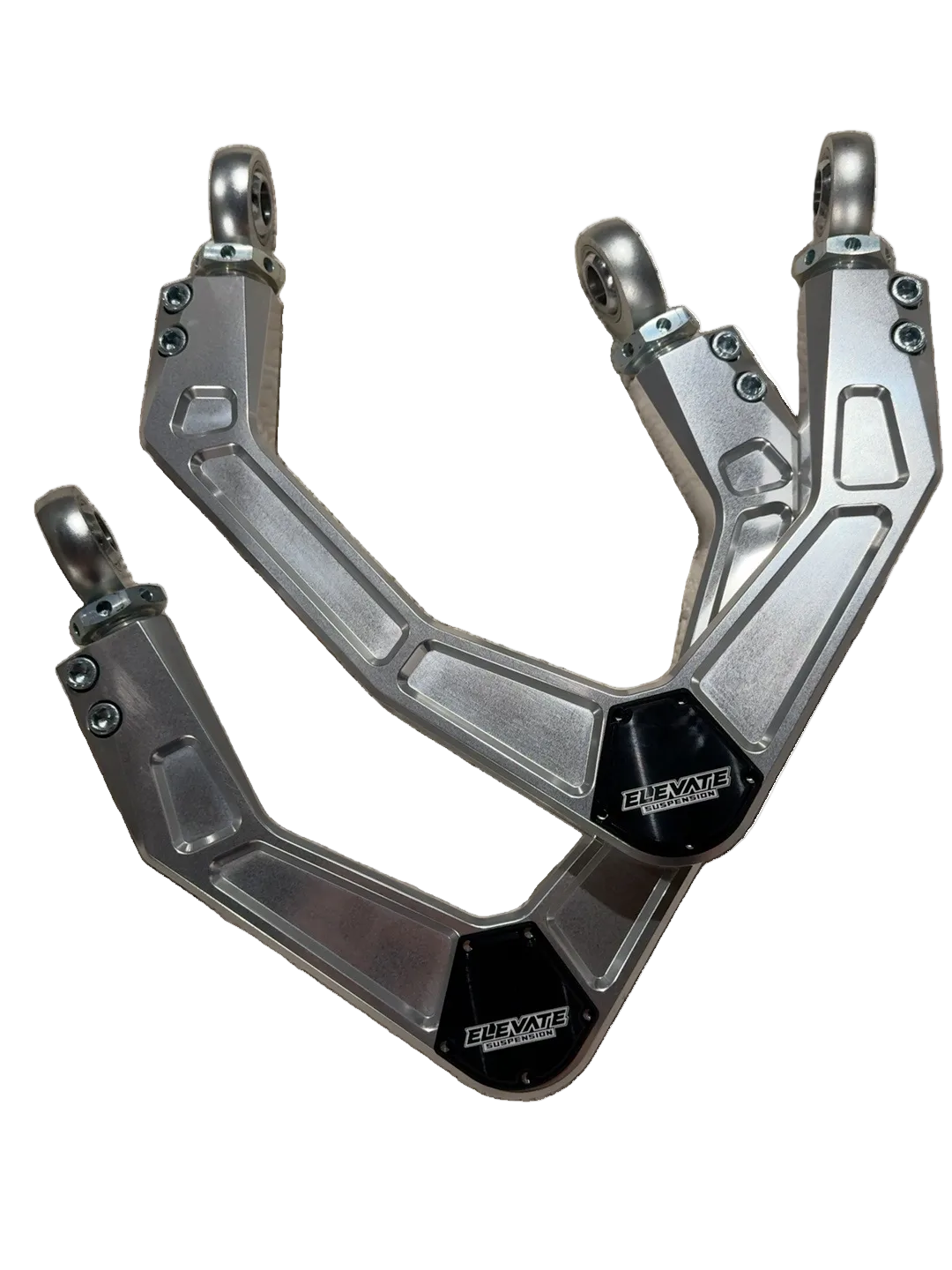 Pair of Elevate raw clear-coated billet uniball upper control arms