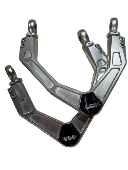 Pair of Elevate raw clear-coated billet uniball upper control arms