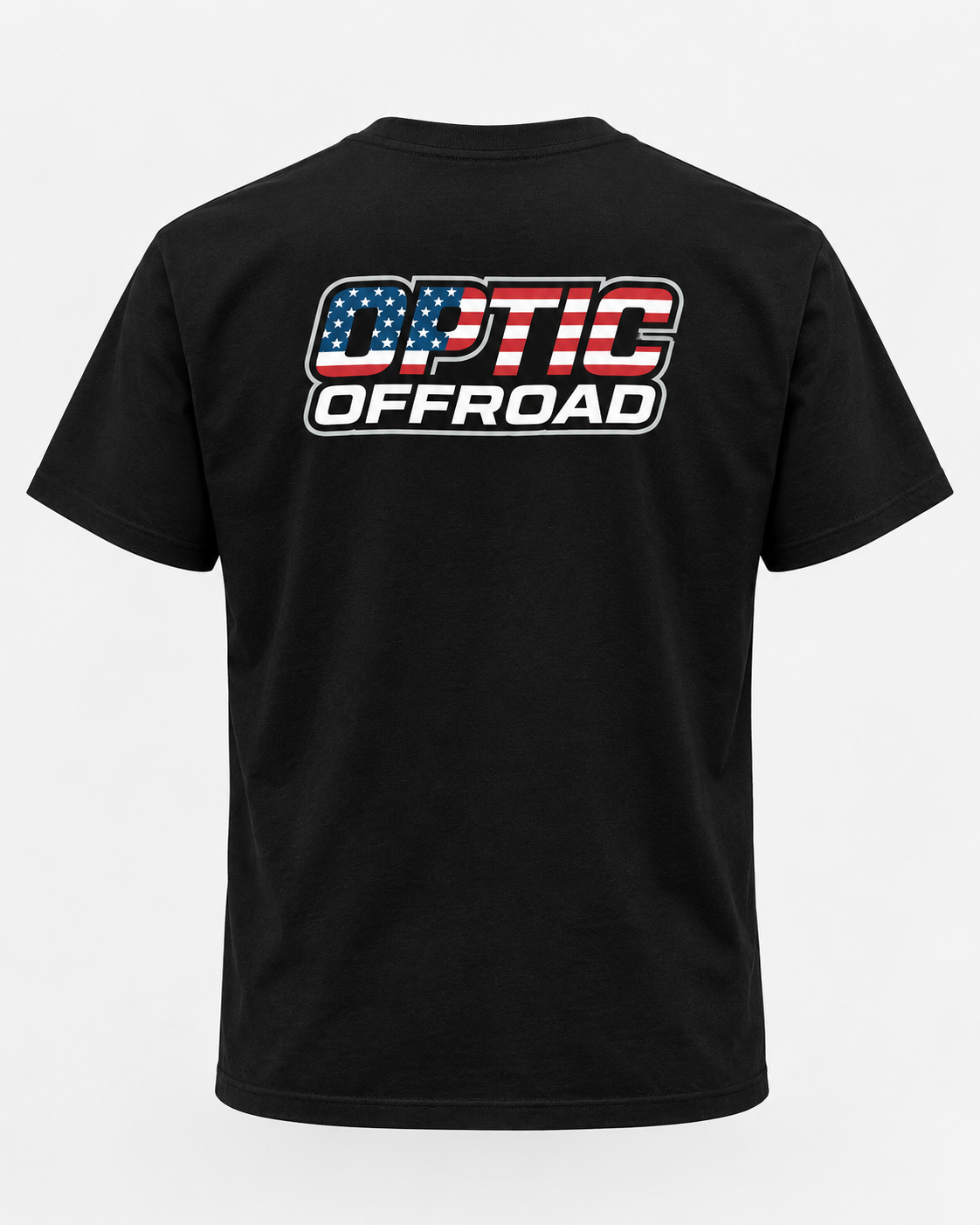 Black OPTIC OFFROAD American Flag T-shirt back with large centered off-road logo