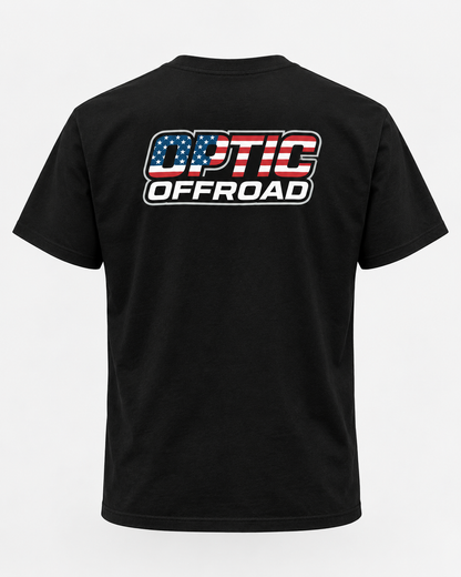 Black OPTIC OFFROAD American Flag T-shirt back with large centered off-road logo