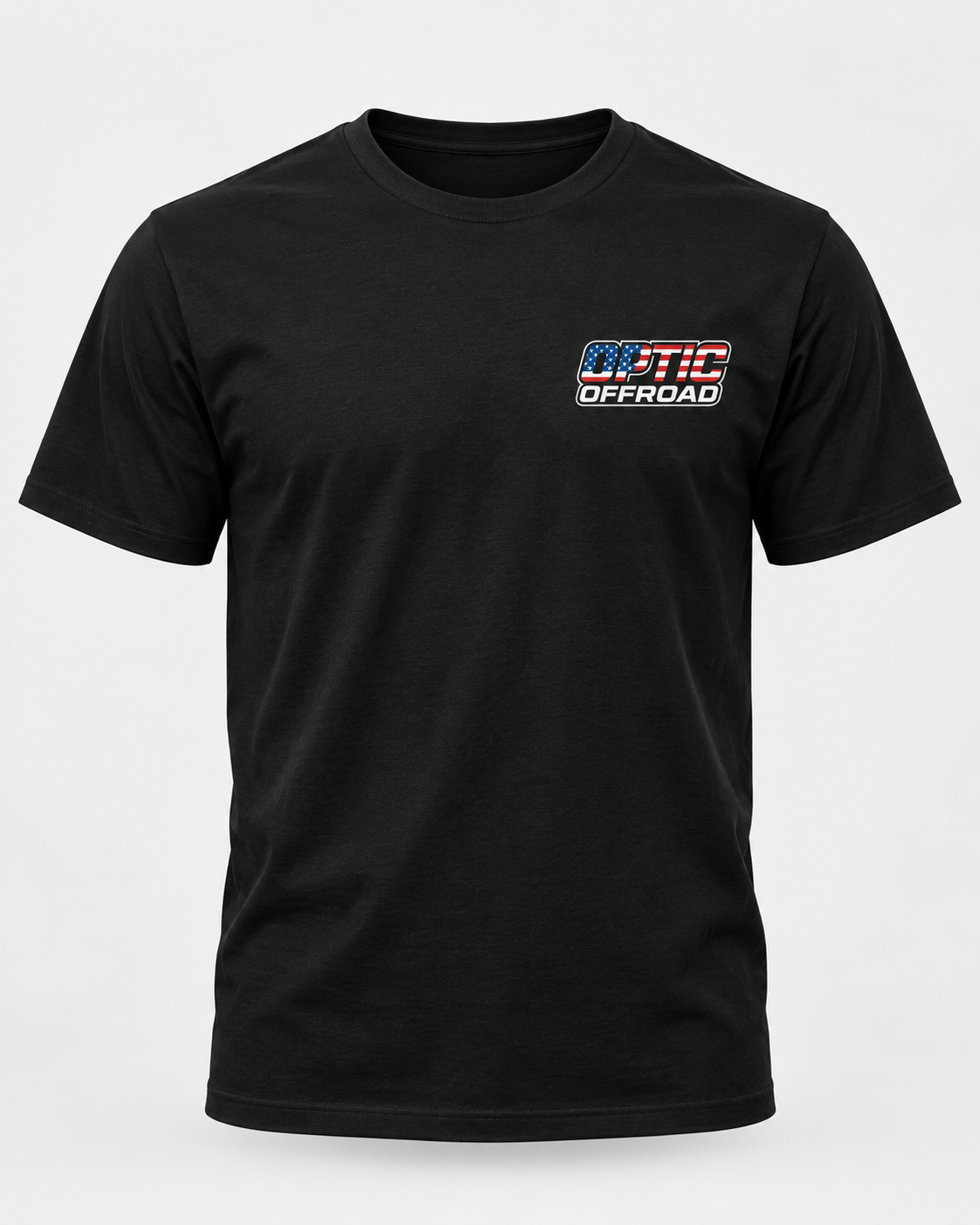 Black OPTIC OFFROAD American Flag T-shirt front with small left-chest logo