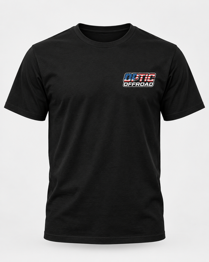 Black OPTIC OFFROAD American Flag T-shirt front with small left-chest logo